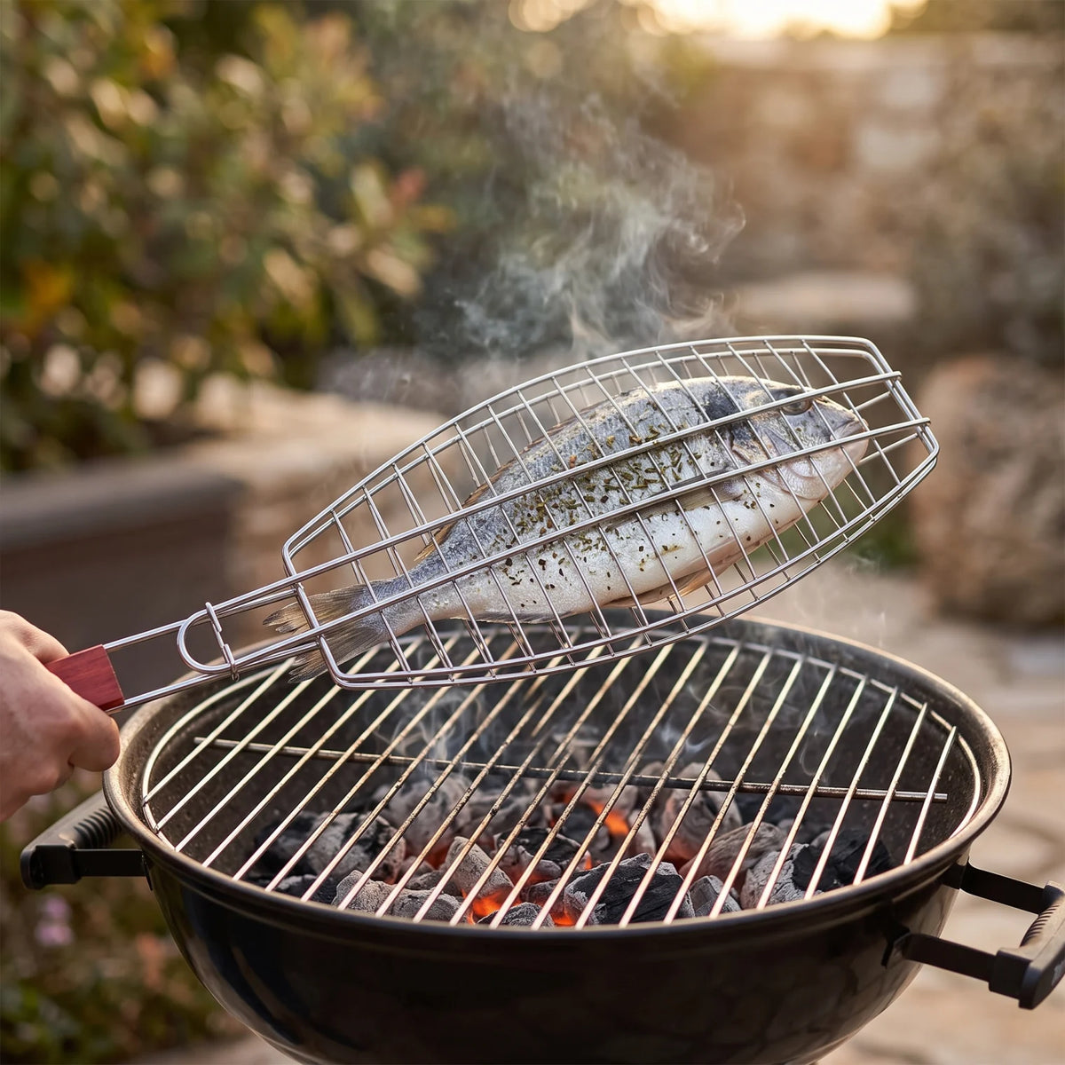 Waqd Burning Flame Foldable Fish Grill Barbecue Net Basket – 17 x 67 cm | Hinged Wire Basket with Long Handle