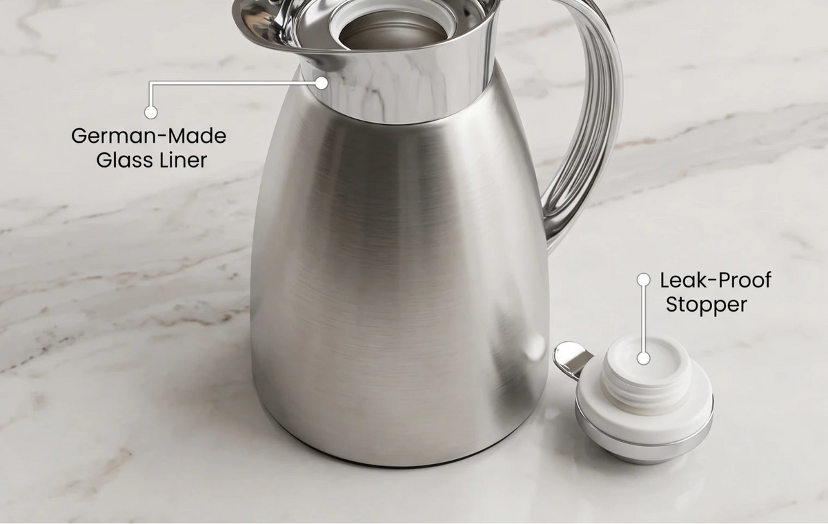 Helios Premium Stainless Steel Vacuum Flask 1.0 Liters – German-Made, Leak Proof, Keeps Tea and Coffee Hot or Cold
