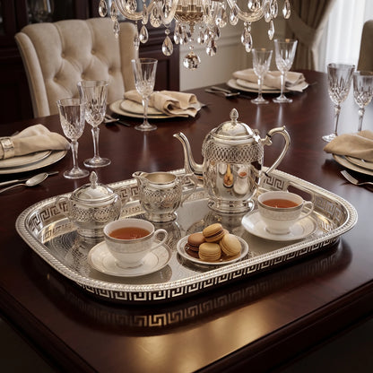 M.E.W Luxury Metal Serving Tray with Mirrored Center – Small, Medium or Large | Silver or Gold | Engraved Greek Key Border - Silver / Medium - Image 3