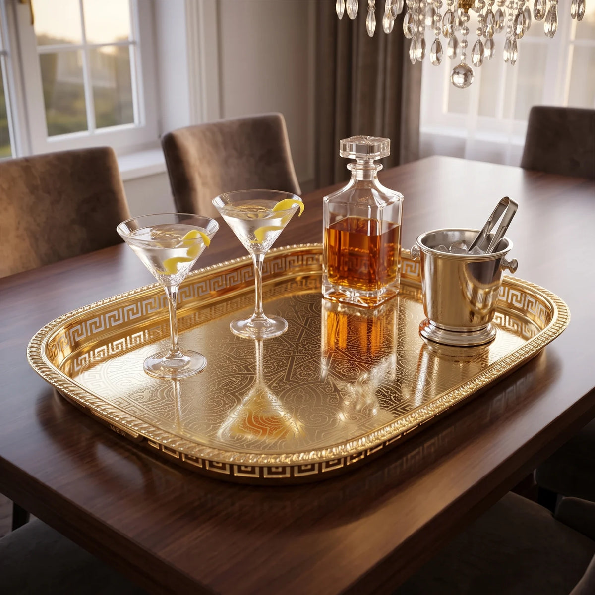 M.E.W Luxury Metal Serving Tray with Mirrored Center – Small, Medium or Large | Silver or Gold | Engraved Greek Key Border - Gold / Large - Image 3