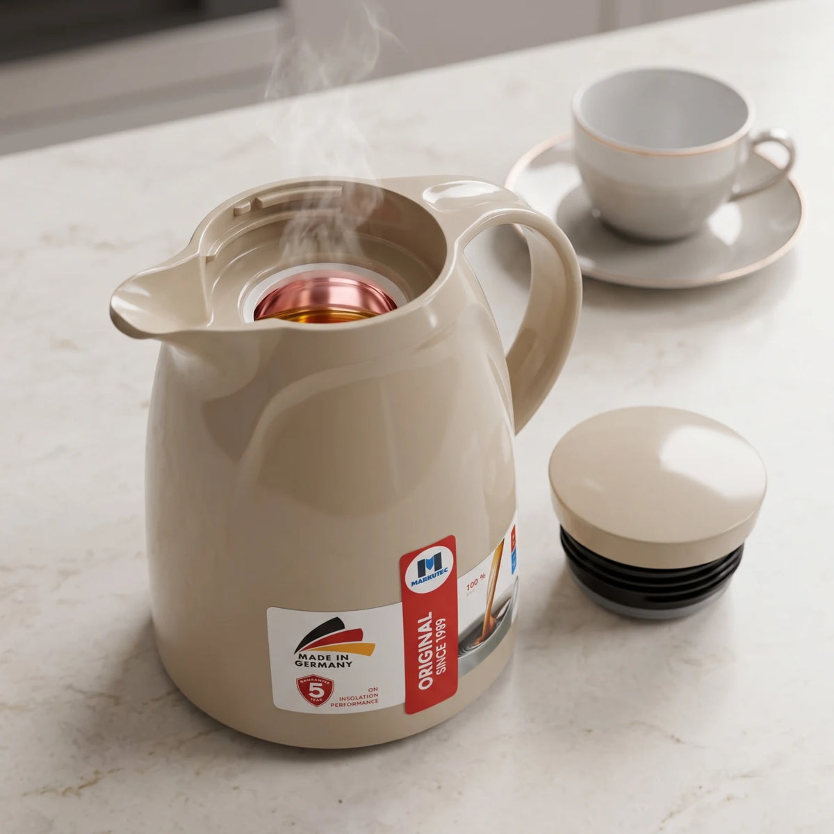 Markutec German-Made Vacuum Flask 0.36 L Beige | Leak-Proof Tea and Coffee Flask | Keeps Drinks Hot 12 Hours and Cold 24 Hours