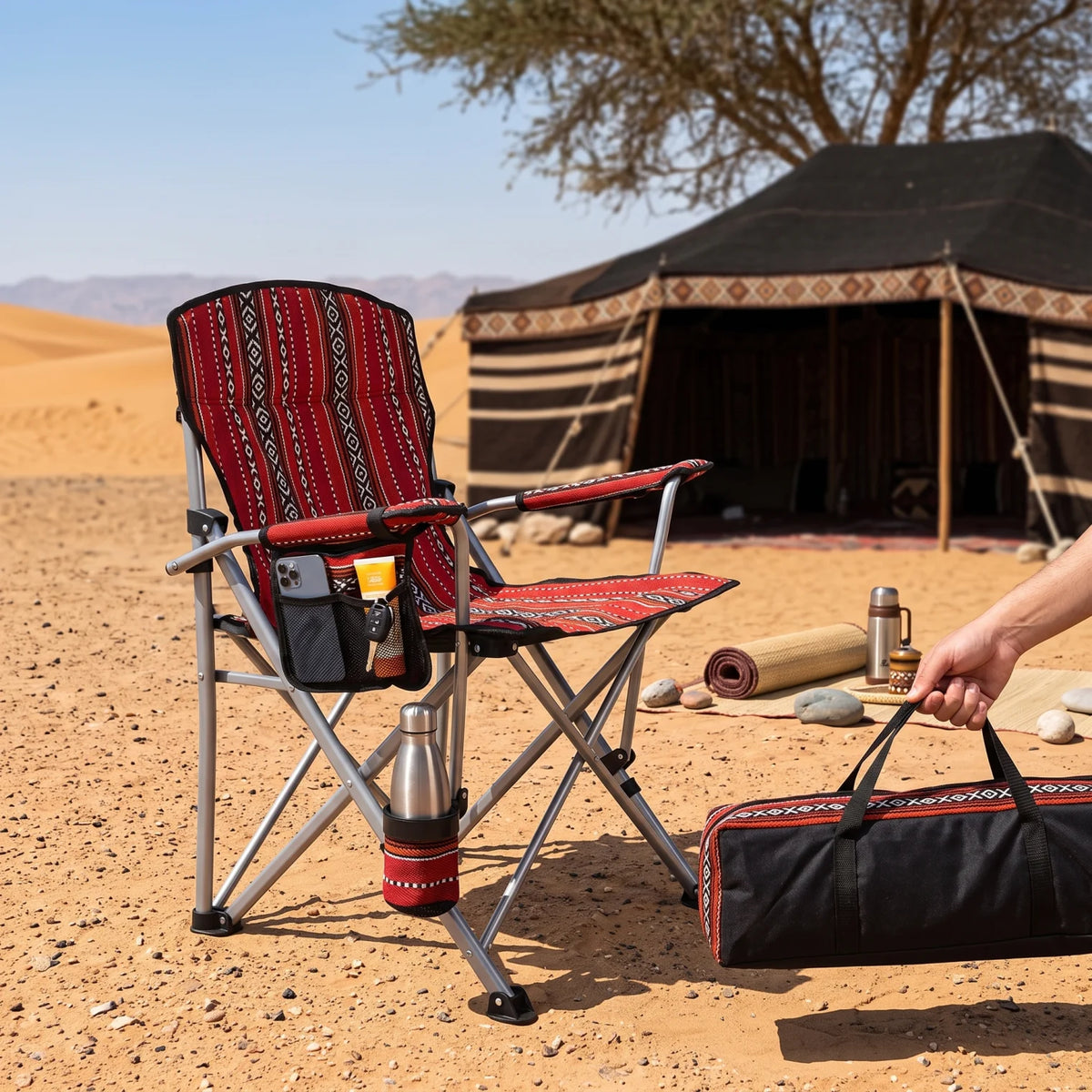 Heavy-Duty Foldable Camping Chair Sadu Design – 97 x 52 x 54 cm | Carry Bag, Cup Holder, Armrests and Side Pocket for Outdoor Picnics