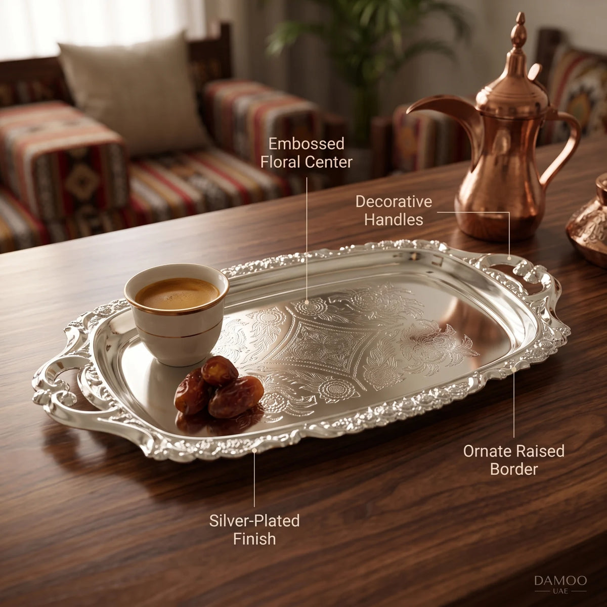 Ornate Silver-Plated Rectangular Serving Tray – 21 x 11 x 1 cm | Decorative Handles and Embossed Floral Center