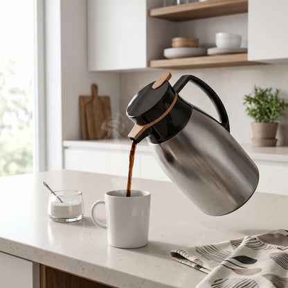 Regal Stainless Steel Vaccum Jug Flask – 1.6 Liters | Black Handle, Wood Grain Lid Accents | Hot and Cold Beverage Server
