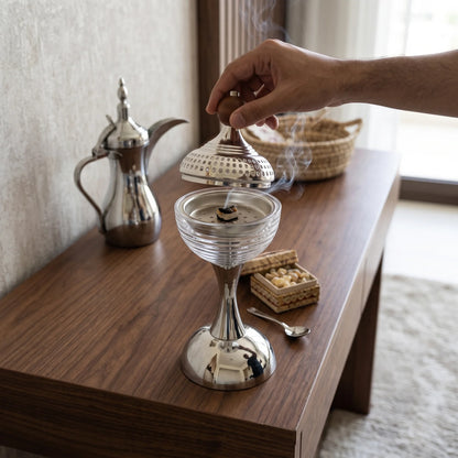 Incense burning holder – 30 CM Height, 12 CM Width | Silver Chrome Incense Burner with Clear Glass Body and Removable Perforated Dome Lid