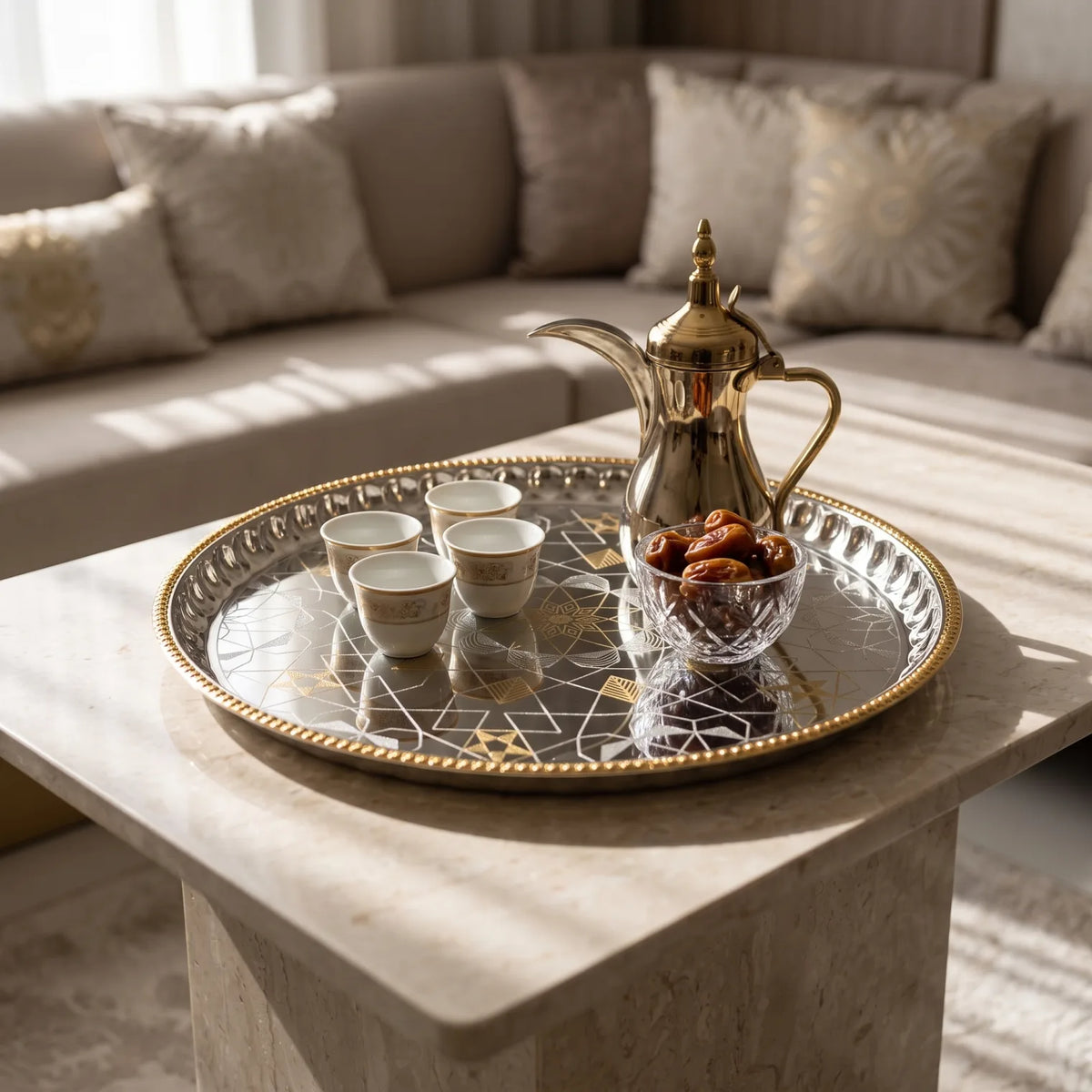 ARGTE Luxury Round Serving Tray – 45 cm Mirrored Metal Platter | Geometric Mandala Etching, Gold Accents and Scalloped Border