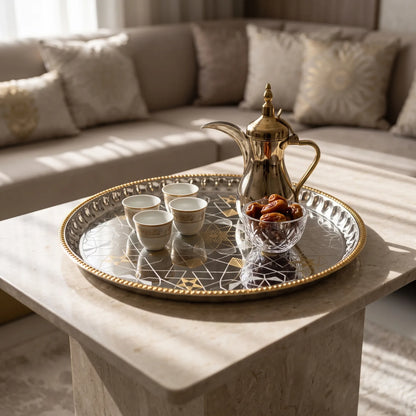 ARGTE Luxury Round Serving Tray – 45 cm Mirrored Metal Platter | Geometric Mandala Etching, Gold Accents and Scalloped Border