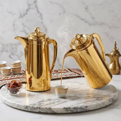 Pilsco 2-Piece Shinly Gold Delux vacuum flask set – Arabic Design | 1.0 + 1.0 Liters | Stainless Steel | Leak Proof