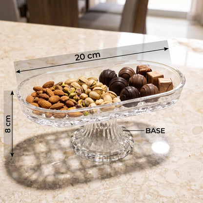 Clear Glass Oval Serving Stand – 20 × 11 × 8 cm | Diamond-Cut Pattern | Fluted Pedestal Base for Nuts and Chocolates