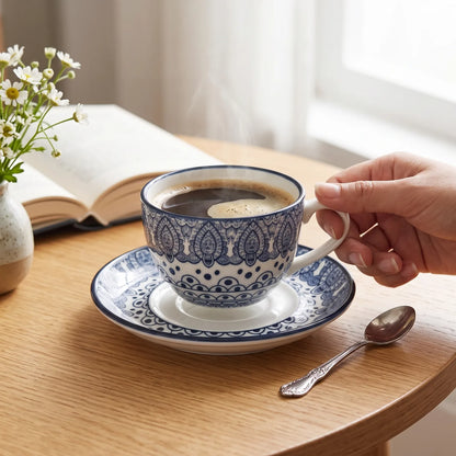 Che Brucia 200 ML Porcelain Cup and Saucer Set – Blue or Green | Floral Paisley Pattern | Matching Handled Coffee and Tea Service - Blue - Image 3