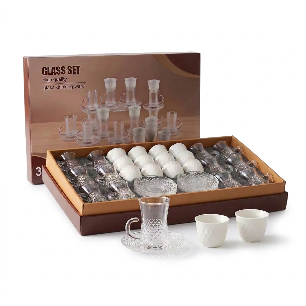 36-Piece Cups and Saucers Set – 12 Clear Glass Tea Cups, 12 Fine Porcelain Arabic Coffee Cups & 12 Textured Glass Saucers
