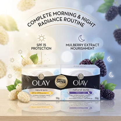 OLAY Natural Aura Morning and Night Cream 50g 2 Pack – Glowing Radiance Day Cream SPF 15, All-in-One Radiance Night Cream