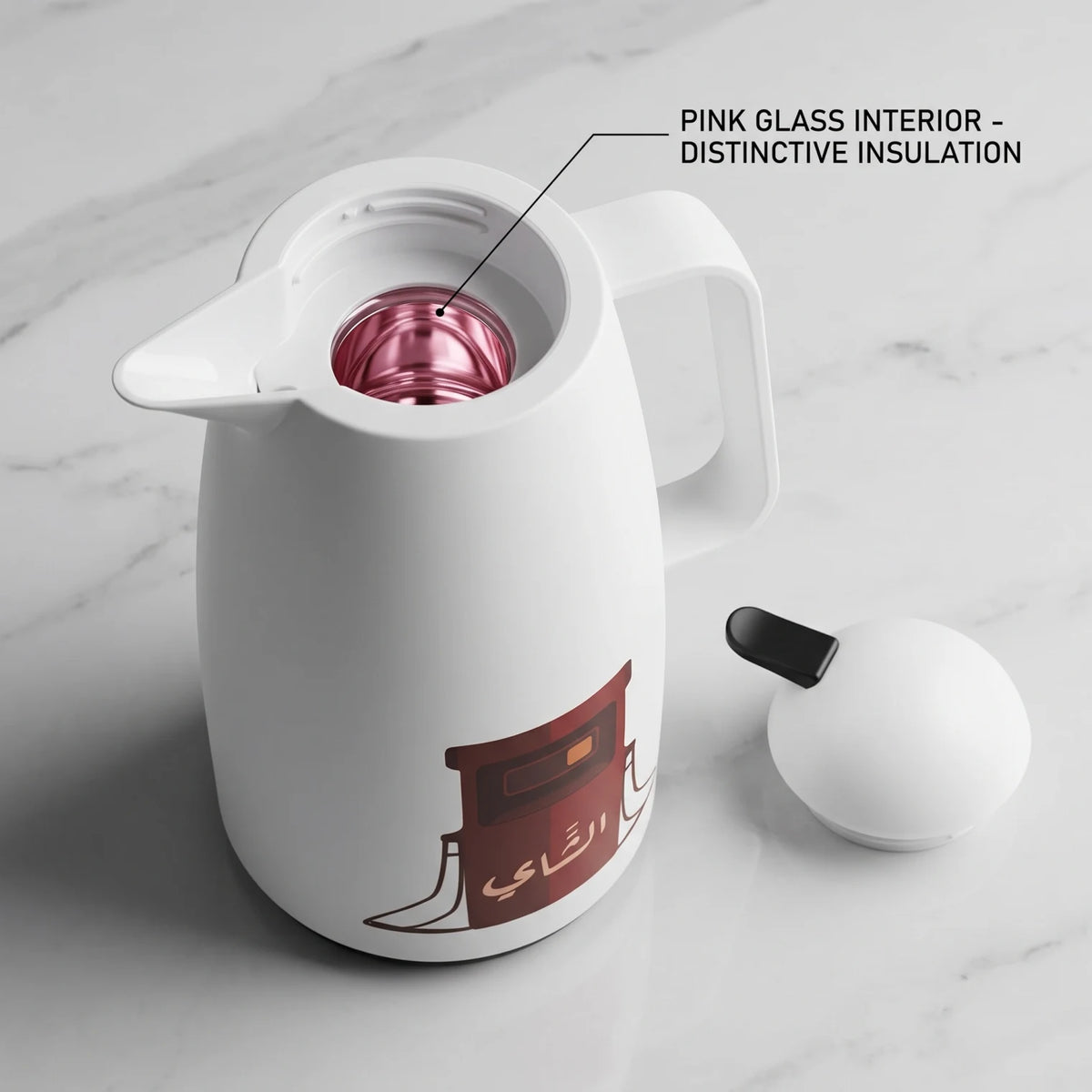 Crystal House white vaccum flask 1 Liter – Plastic Body, Pink Glass Interior, Leak Proof, Chai Calligraphy for Tea and Coffee