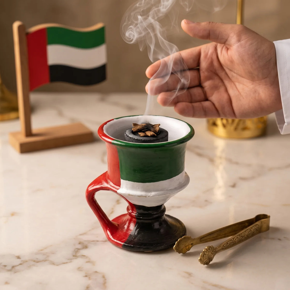 UAE Flag Colors Painted Incense Burner (Madkhan) – 13 x 10 x 12 cm | National Day Celebration Decoration