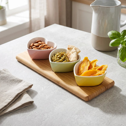 4-Piece Heart-Shaped Ceramic Bowl Set with Wooden Tray – Red, Green & Yellow Serving Bowls with Glossy White Interiors