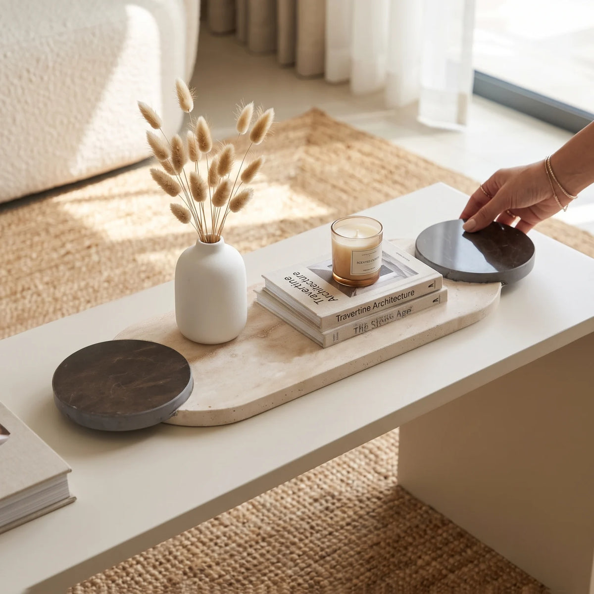 Natural Travertine Stone Tray with Two Round Handles – 57 x 18 x 4 cm | Rectangular Serving and Display Tray