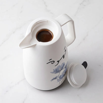 Crystal House vaccum flask – 1 Liter | Blue Floral Arabic Qahwa Calligraphy | Leak Proof Tea and Coffee Flask
