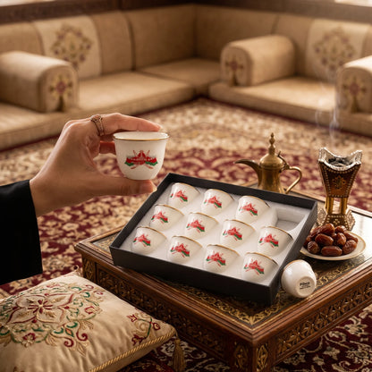 Pilsco 12-Piece Arabic Coffee Cup Set – White Small Drinking Cups with Gold-Colored Rims, Red and Green Emblems, Boxed Serving Set