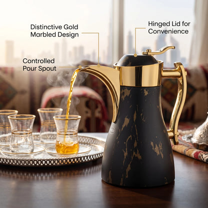 PISCO Pil Insulated Beverage Carafe – Black and Gold Marbled Design with Handle, Spout and Hinged Lid