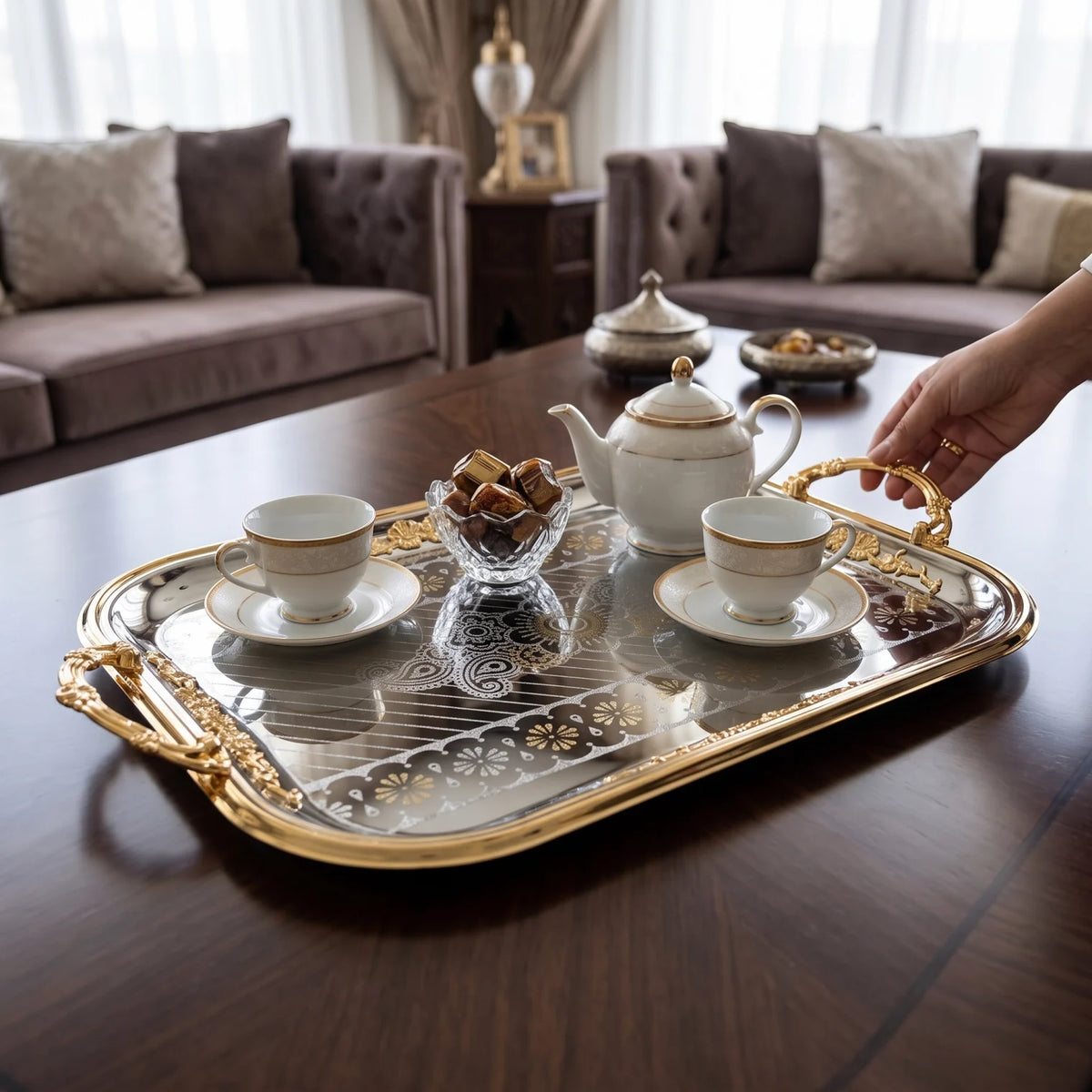 ARGTE Luxury Rectangular Stainless Steel Serving Tray – 54 x 37 x 4 cm | Ornate Gold-Tone Handles | Engraved Decorative Design