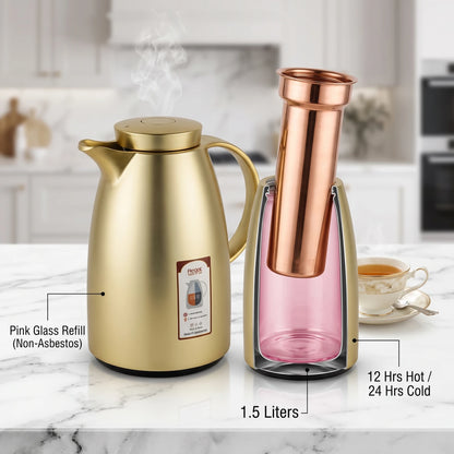 Regal Stainless Steel Vacuum Flask 1.5 Liters – Leak Proof | 12 Hours Hot, 24 Hours Cold | Pink Glass Refill for Tea and Coffee - Matte Gold - Image 3