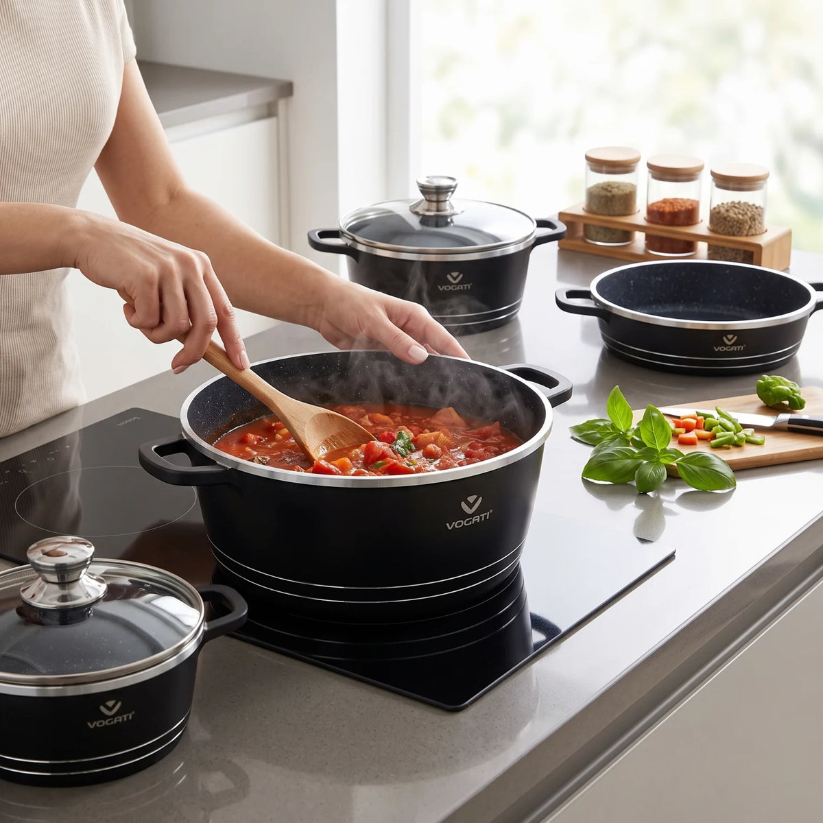 VOGATI 8Pcs Black Titanium Granite Cookware Set with Lids | Nesting Pots with Handles for Everyday Cooking