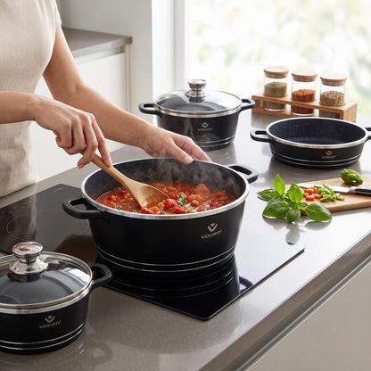 VOGATI 8Pcs Black Titanium Granite Cookware Set with Lids | Nesting Pots with Handles for Everyday Cooking