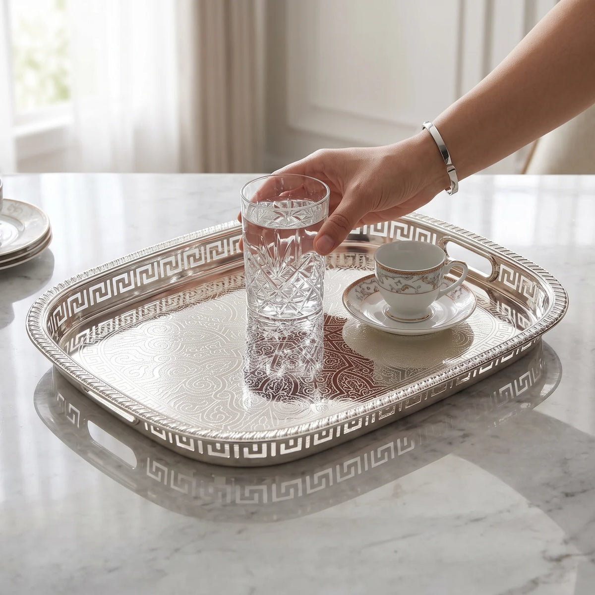 M.E.W Luxury Metal Serving Tray with Mirrored Center – Small, Medium or Large | Silver or Gold | Engraved Greek Key Border - Silver / Small - Image 3
