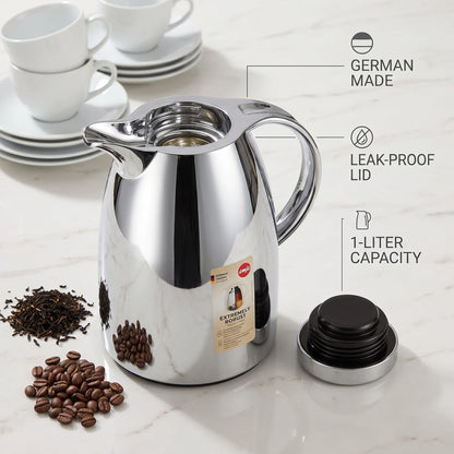 Emsa Auberge Chrome Flask 1 Liter – Premium Plastic, Leak Proof, 12-Hour Hot & 24-Hour Cold Thermal Carafe