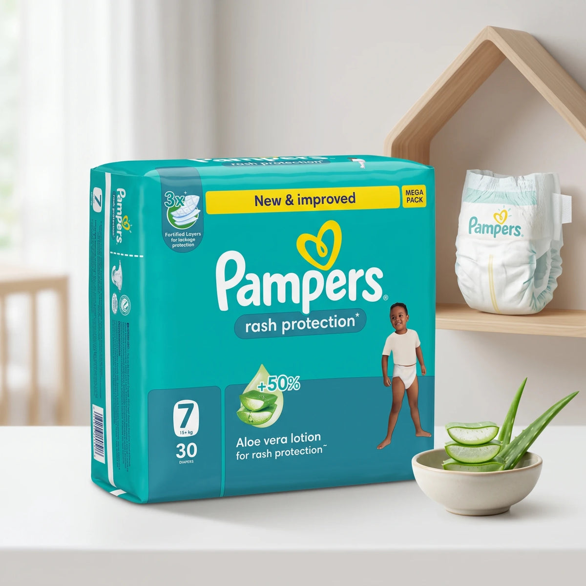 Pampers Baby Diapers Size 7, 15+ kg, 30 Pack – Aloe Vera Lotion, Rash Protection, 3X Fortified Layers, Mega Pack