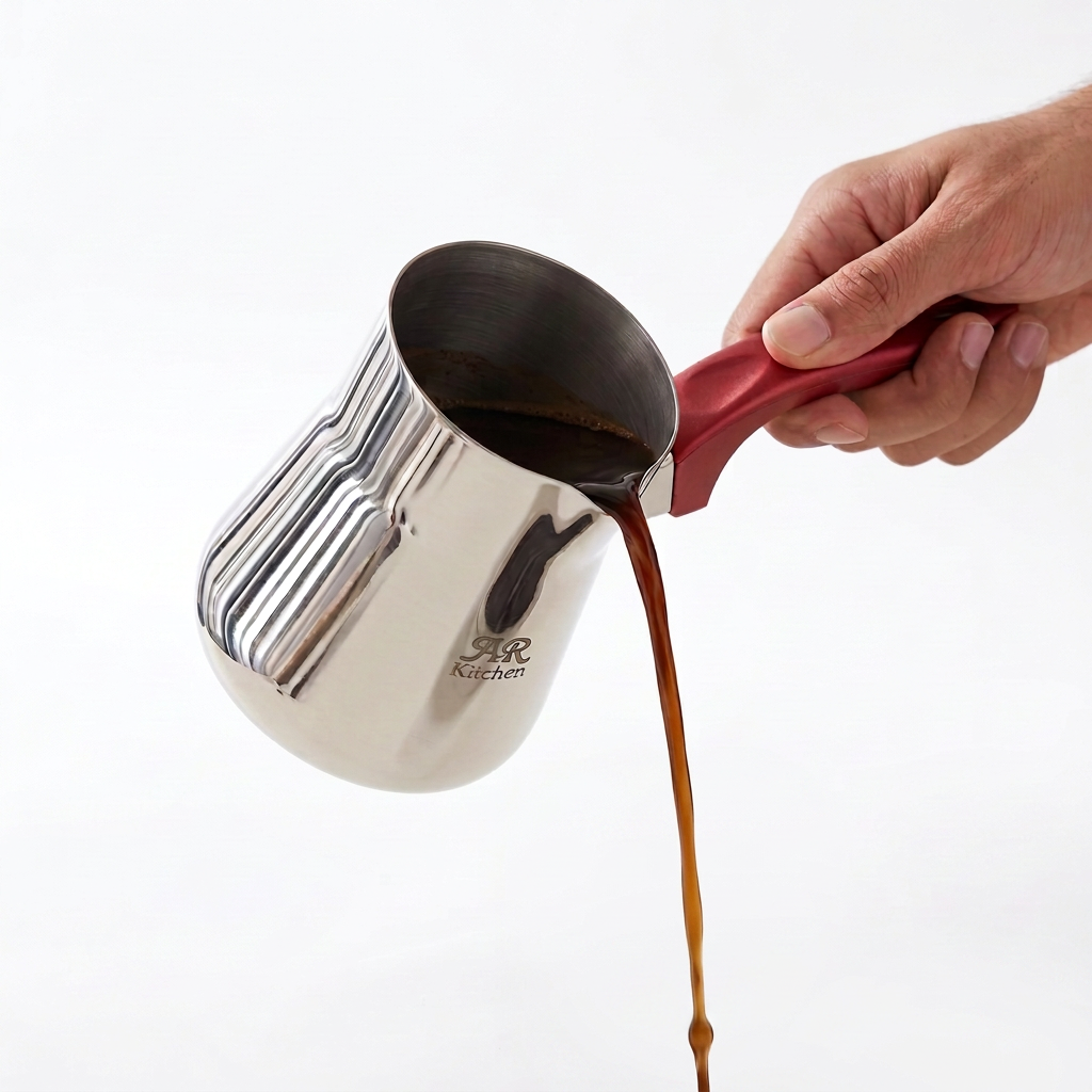 AR kitchen 450 ML Stainless Steel Coffee Pot – Reflective Ridged Body, Red Handle, Side Pouring Spout, Stovetop Pouring Pot