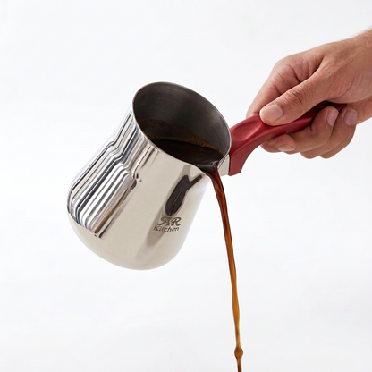 AR kitchen 450 ML Stainless Steel Coffee Pot – Reflective Ridged Body, Red Handle, Side Pouring Spout, Stovetop Pouring Pot