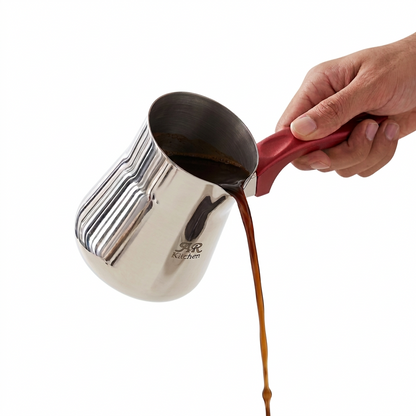 AR kitchen 450 ML Stainless Steel Coffee Pot – Reflective Ridged Body, Red Handle, Side Pouring Spout, Stovetop Pouring Pot