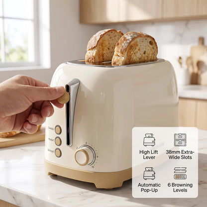 GREEN LION Classic Toaster 2-Slice 815W – 6-Level Browning, Defrost, Reheat & Cancel, Browning Dial, Lift Lever, Cream Kitchen Toaster
