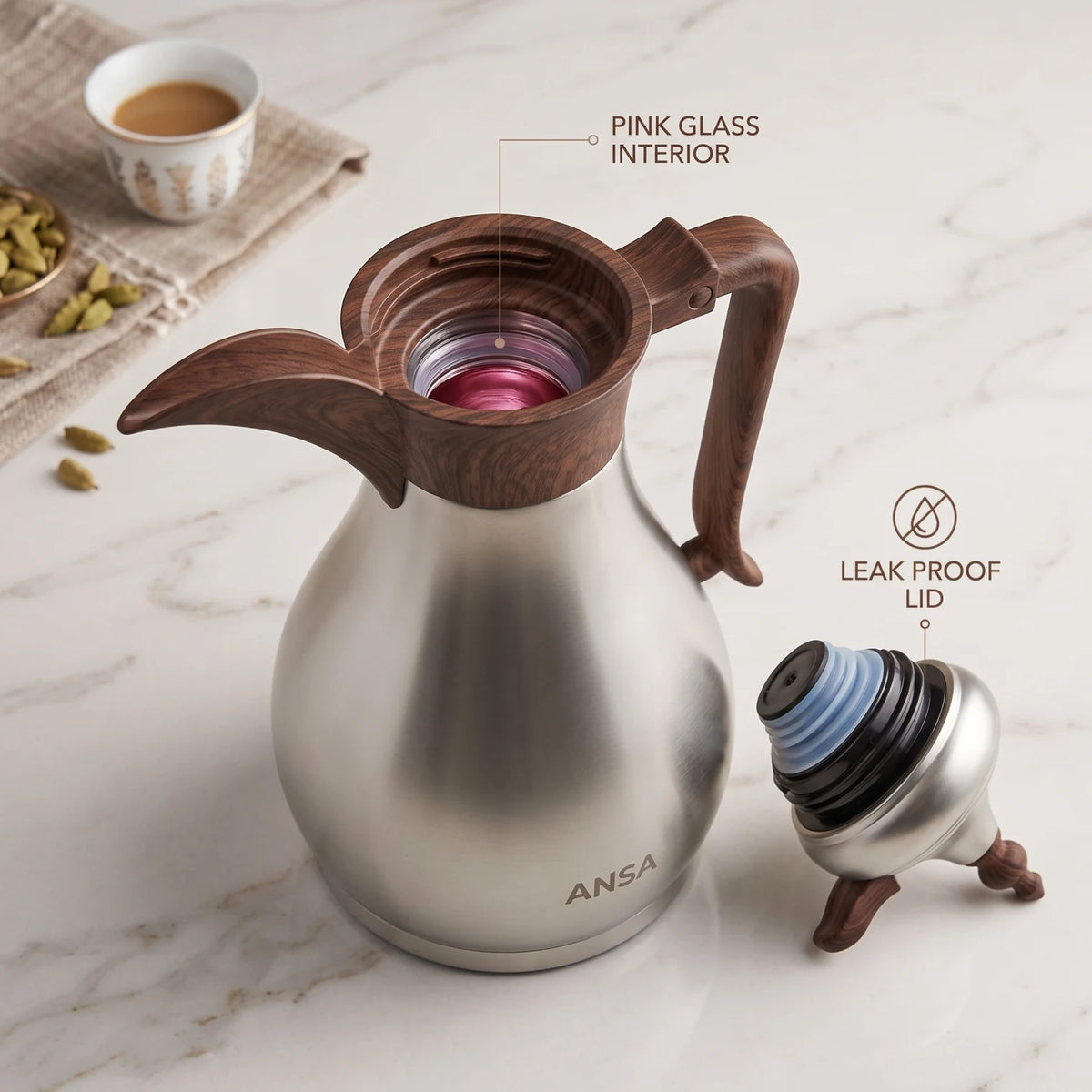 Ansa Traditional Arabic Stainless Steel Vacuum Flask – 0.35 or 0.6 Liters | Pink Glass Interior | Leak Proof Tea and Coffee Server - Matte Silver - Wood / 0.6 Liters - Image 3