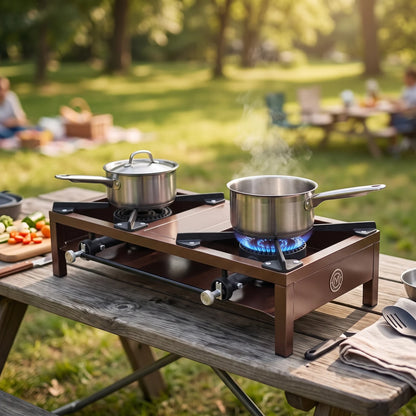 Omega 1 Korea heavy-duty Brown Two-burner Portable Cast-iron Gas Stove – 22 x 40 x 75 cm | Outdoor Cooking and Camping Tabletop Stove