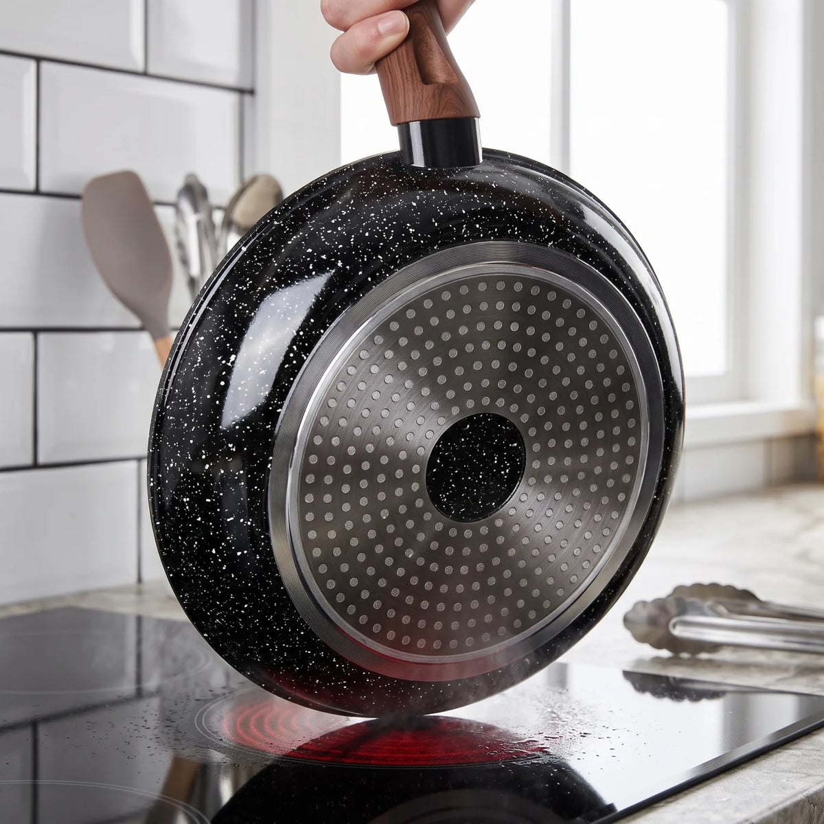 Hot Chef 28 CM Granite Coating Frying Pan – Induction Bottom | Ergonomic Handle | Heat-Resistant Glossy Exterior | Black Speckled Fry Pan