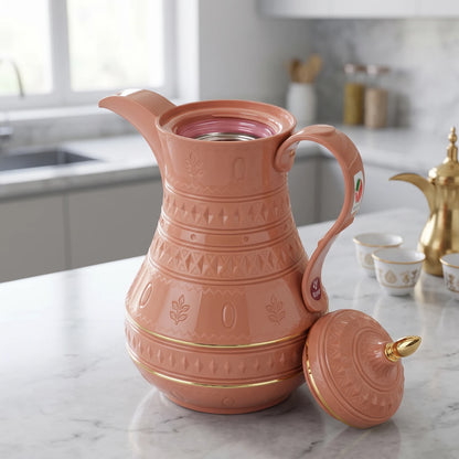 Rose Coral-Pink Vacuum Flask 1.0 Liter – Plastic Body, Leak-Proof Design, Geometric Floral Motifs for Tea and Coffee
