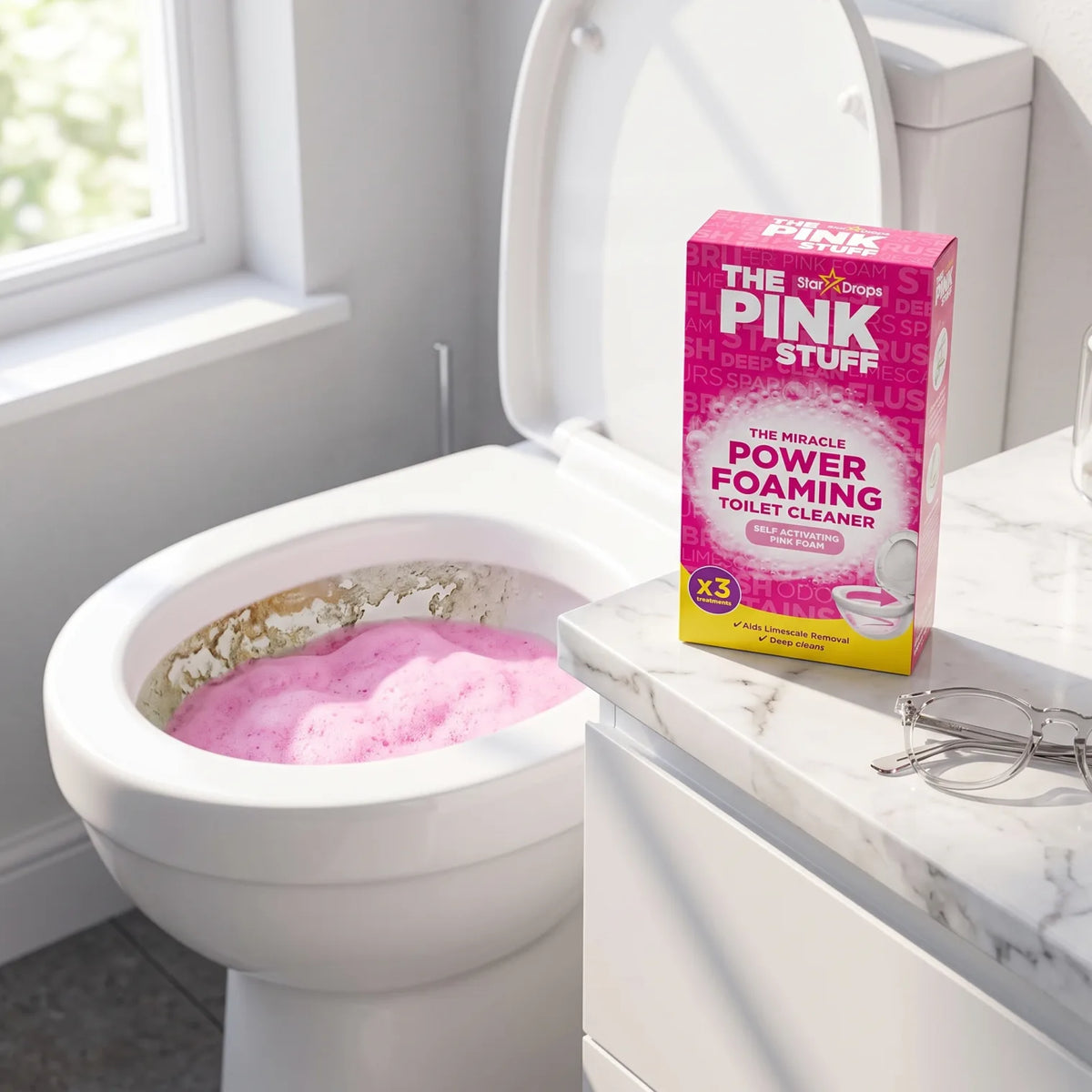 Star Drops THE PINK STUFF Self Activating Pink Foam Toilet Cleaner – X3 Treatments | Miracle Power Foaming Cleaner Aids Limescale Removal