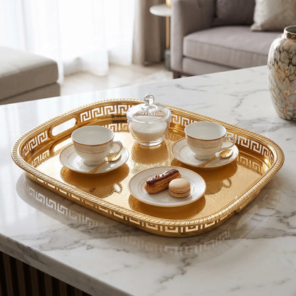 M.E.W Luxury Metal Serving Tray with Mirrored Center – Small, Medium or Large | Silver or Gold | Engraved Greek Key Border - Gold / Small - Image 3