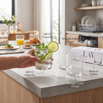 LAV 3 Pieces Glass Set – 340 CC Clear Tumblers with Thick Bases, 88 mm Height, Dishwasher Safe Drinking Glasses Made in turkey
