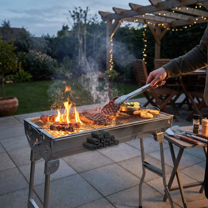 HU TOUR BBQ Portable Barbeque HTO-1027 – 68 x 33 x 98 cm | Folding Metal Grill with Wire-Mesh Surface and Scissor-Style Legs