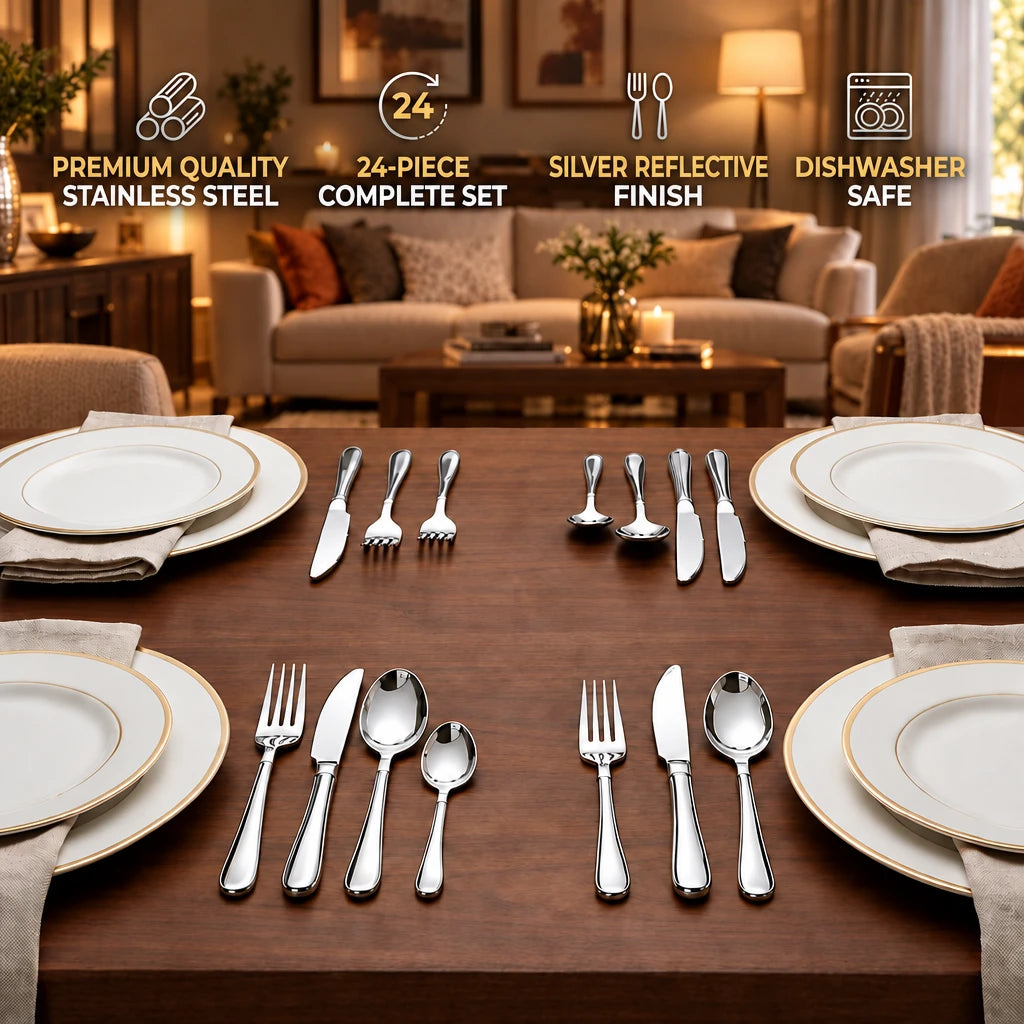 24 Pieces Stainless Steel Cutlery Set – Black and Silver | Forks, Knives and Spoons for Tableware