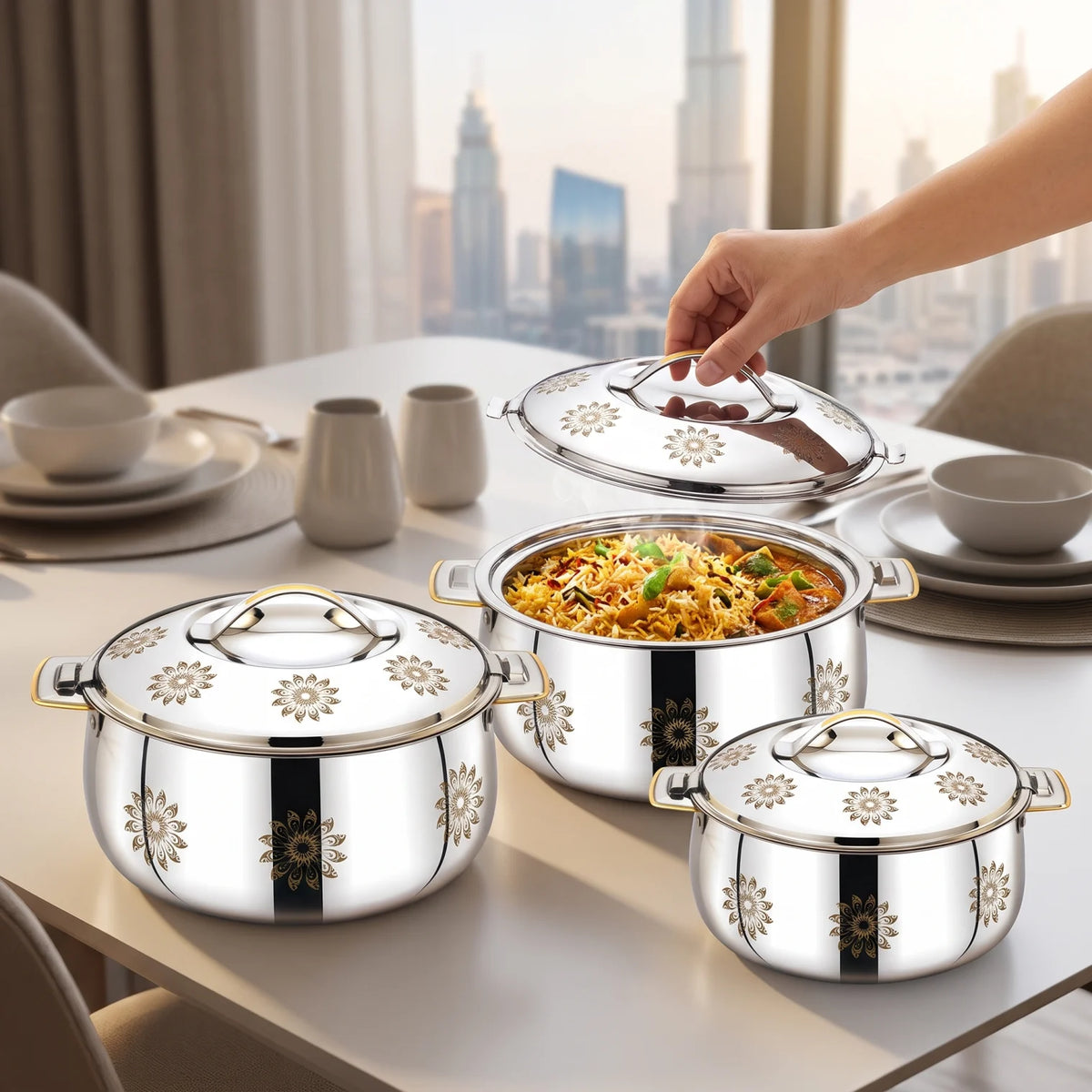Avias 3 Pieces Hot Pot Set – 5L, 7.5L & 10L Stainless Steel Food Servers | Lidded Serving Pots with Handles, Decorative Floral Pattern