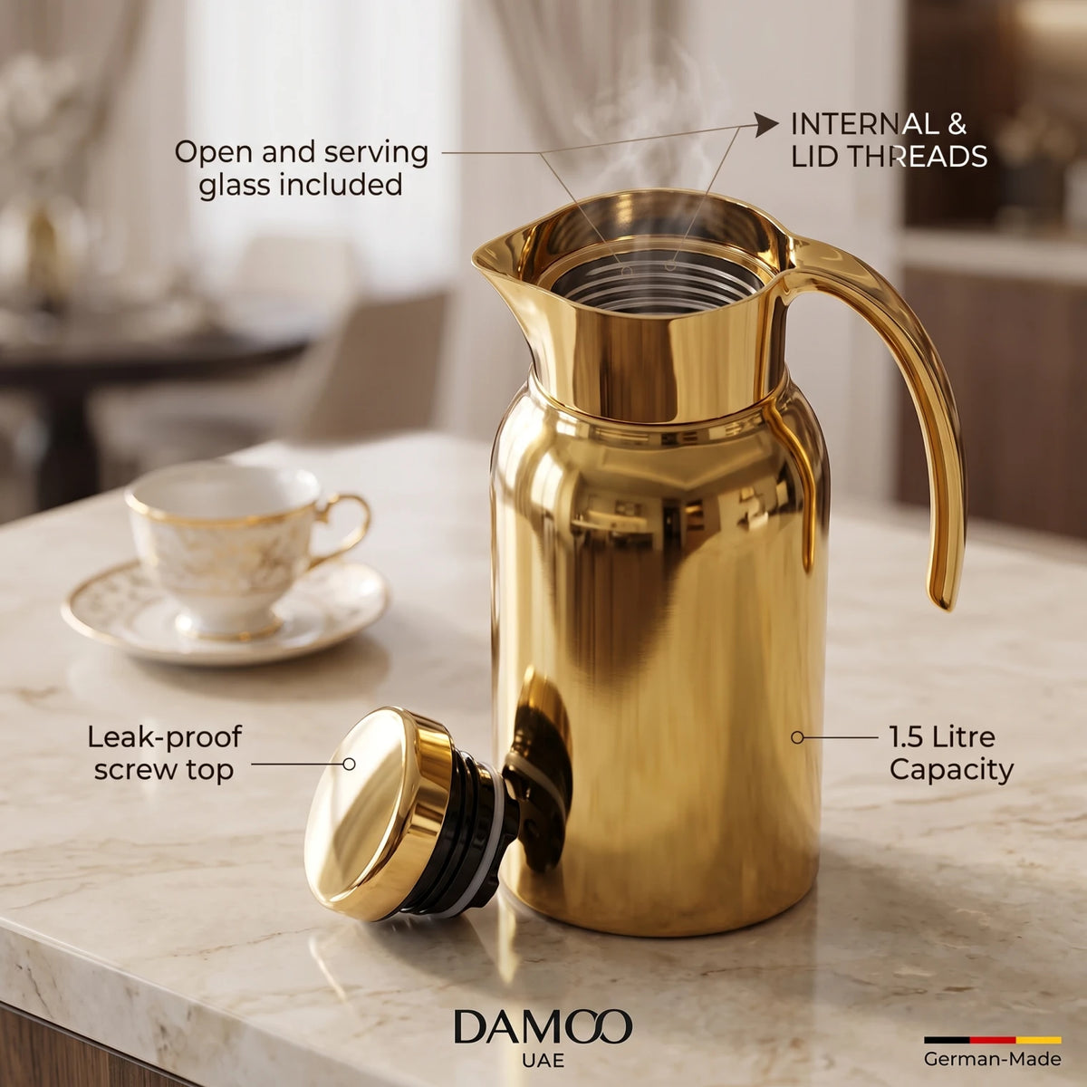 Helios Premium Gold-Finish Stainless Steel Vacuum Flask – 1.5L | Leak-Proof Tea and Coffee Thermos | German-Made