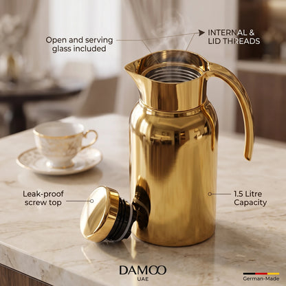 Helios Premium Gold-Finish Stainless Steel Vacuum Flask – 1.5L | Leak-Proof Tea and Coffee Thermos | German-Made