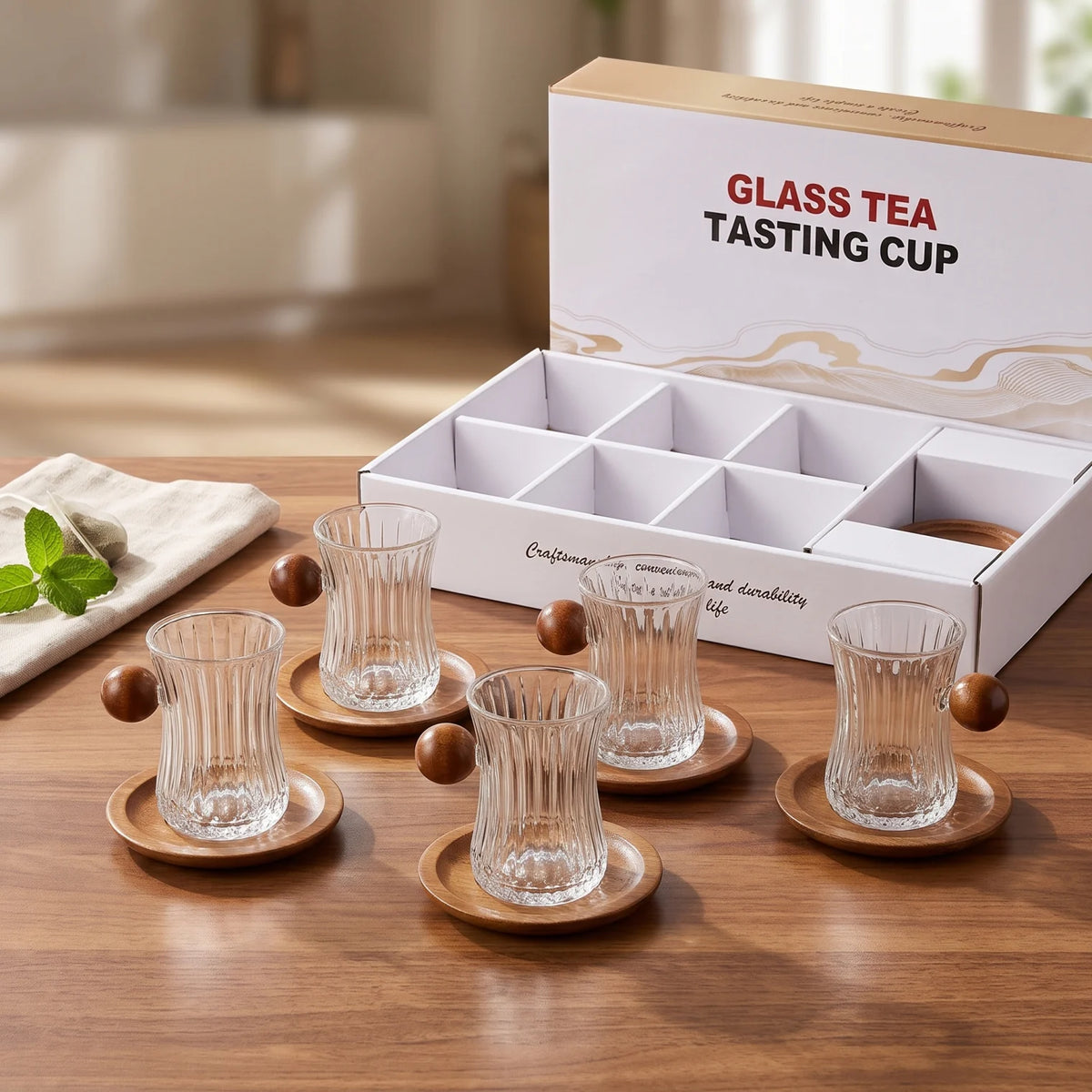 GLASS TEA TASTING CUP 12-Piece Set – 6 Ribbed Glass Cups with Wooden Handles and 6 Wooden Saucers for Tea Serving