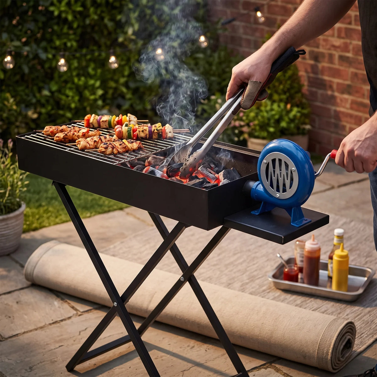 Foldable Charcoal BBQ Grill with Blower Fan – Small & Medium Sizes | Black Metal Outdoor Barbecue for Camping, Tailgating and Backyard Cooking - Medium - Image 3
