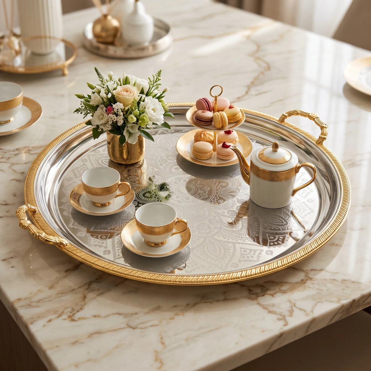M.E.W Round Stainless Steel Serving Tray – Large & Extra Large | Mandala Floral Pattern | Decorative Handles | Silver, Gold & Silver - Gold - Silver - Gold / Extra Large - Image 3