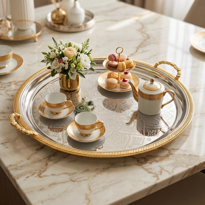 M.E.W Round Stainless Steel Serving Tray – Large & Extra Large | Mandala Floral Pattern | Decorative Handles | Silver, Gold & Silver - Gold - Silver - Gold / Extra Large - Image 3